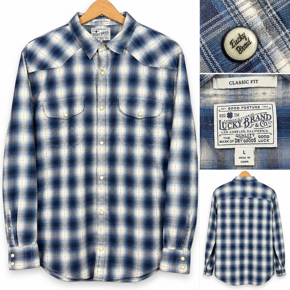 Lucky Brand Mens Pearl Snap Blue White Plaid Western Button Shirt Classic Fit L